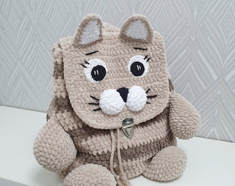 Crochet Cat Backpack for Kids, Handmade Plush Animal Bag