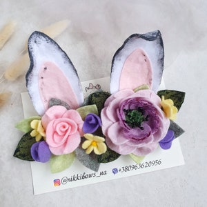 Easter bunny flower ears, Felt bunny ears, Felt floral headband, Animal ears headband, Rabbit ears