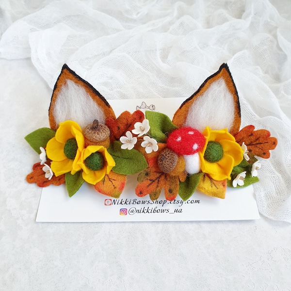 Fox ears felt flower headband, Woodland baby headband, Forest baby girl crown, Animal ears headband, Fox birthday party, Newborn photo prop