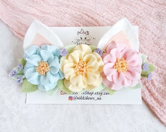 Hoofdband met vilten bloem kattenoren, pastelkleurige regenboogkroon, babykostuum