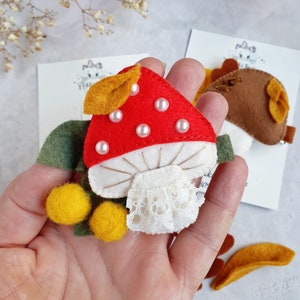 Fall felt hair clips or with mushrooms, Amanita, Felt fly-agaric, Toadstool barrette image 4