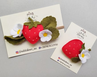 Red strawberry headband or hair clip, Felt flower newborn crown, Summer fruit headband