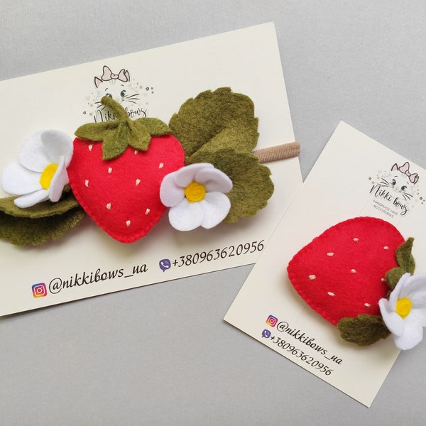 Bandeau ou pince à cheveux fraise rouge, couronne nouveau-né fleur en feutre, bandeau fruits d'été