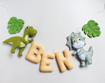 Personalized Dinosaur Felt Name Banner, Dino Nursery Decoration, Baby Garland, Kids Wall Hanging