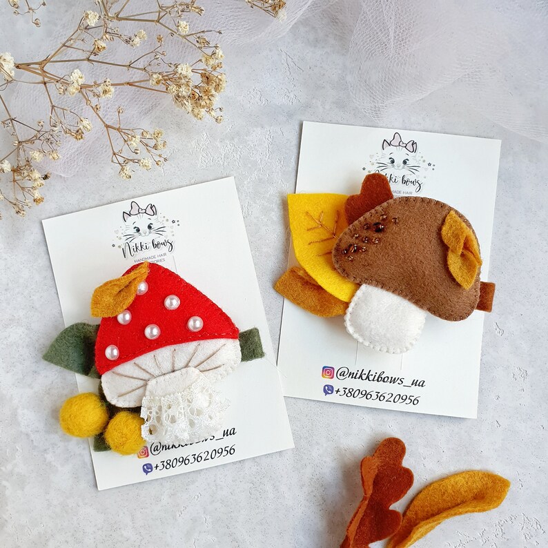 Fall felt hair clips or with mushrooms, Amanita, Felt fly-agaric, Toadstool barrette image 5