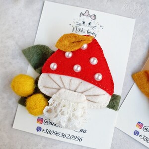 Fall felt hair clips or with mushrooms, Amanita, Felt fly-agaric, Toadstool barrette image 6