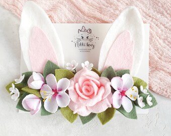 White Bunny Ear Headband: Lace & Felt Flower Crown - Etsy display picture 3