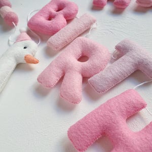 May include: Pink felt letter banner spelling out "BIRTH" with a white felt swan with an orange beak and a pink hat.