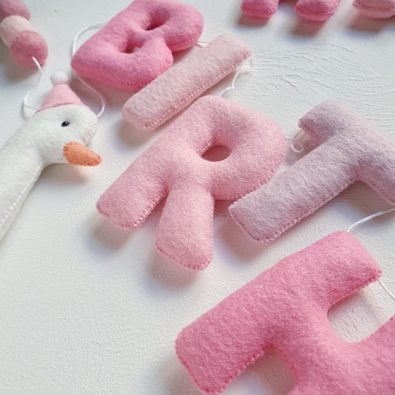 May include: Pink felt letter banner spelling out "BIRTH" with a white felt swan with an orange beak and a pink hat.