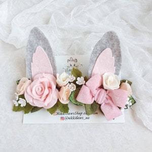 Bunny ears headband, Rabbit ears felt flower crown, Bunny costume, Baby girl headband, First birthday crown, Animal ears headpiece