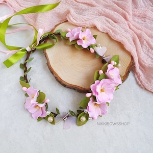 Pink floral girl crown, Sakura flower crown, Toddler flower tiara, Baby floral crown, Spring wedding headpiece,  Floral hair wreath