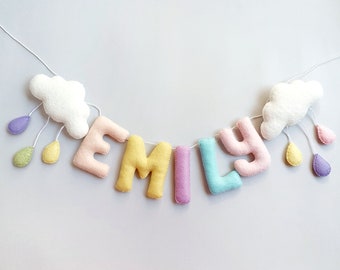 Felt cloud name banner, Baby name garland, Nursery decor, Personalized rainbow felt bunting, Baby shower party, 1st birthday name banner