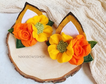 Fox ears felt flower hair clips, Fox costume accessories, Fox ears barrette, Woodland animal birthday party, Halloween accessories