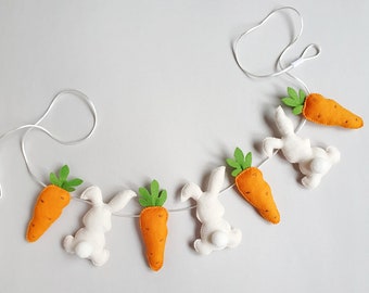 Easter bunny and carrot garland, Felt Easter garland, Rabbit decor, Easter mantle decoration, Spring pastel decor, Easter centerpiece