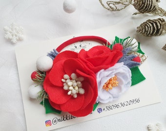 Diadema de Navidad corona de flores rojas, diadema floral de fieltro navideño, corona de Navidad