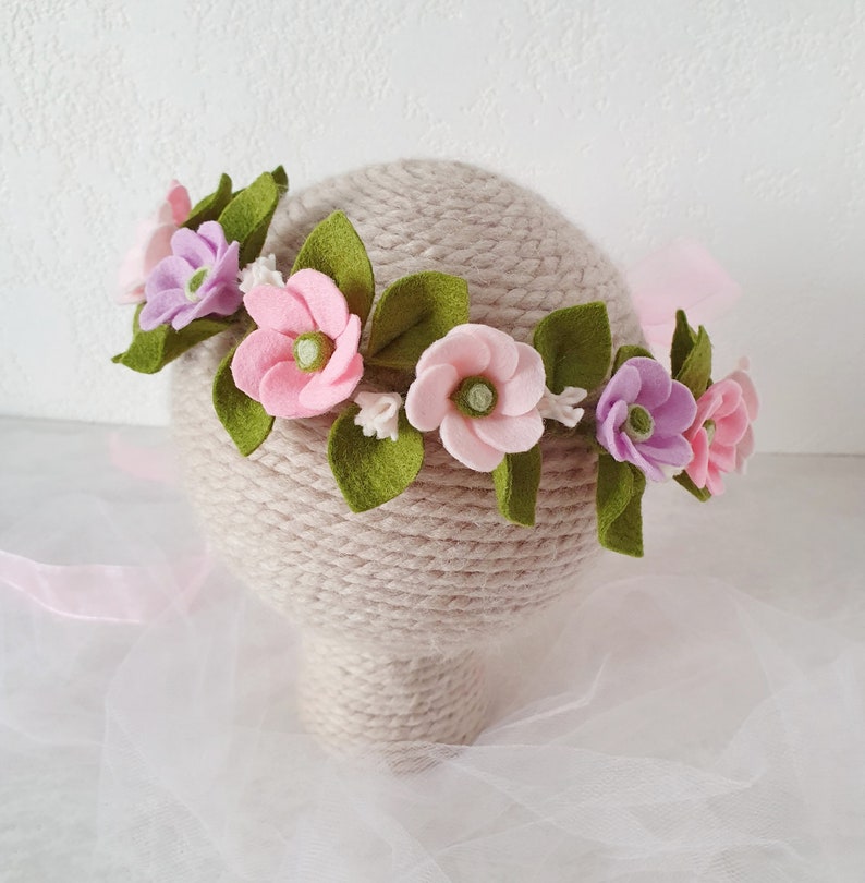 Felt flower crown, Spring floral baby halo, Flower Girl headband, Wedding crown image 2