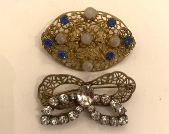 Antique late Victorian filigree open work metal gold tone paste faux pearl large bow oval brooches-pins