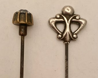 2 Antique/Vintage 1900s base metal silver/gold tone stickpin hat pins-paste gold tone