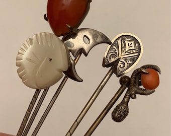 Collection of Antique/Vintage costume base metal silver tone stick pins hat pins-carnelian/coral/mother of pearl/heart/fish/moon