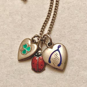 May include: A silver-toned chain necklace featuring three charms: a heart-shaped charm with a green clover, a ladybug charm with red and black enamel, and a heart-shaped charm with a blue wishbone graphic and the engraved letters H.M.H.
