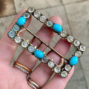 Antique/Victorian large brass buckle-finding with blue turquoise glass beads and clear rhinestone/pastes