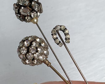 X3 antique 1920s orb paste hat pins & horseshoe rhinestone stickpin