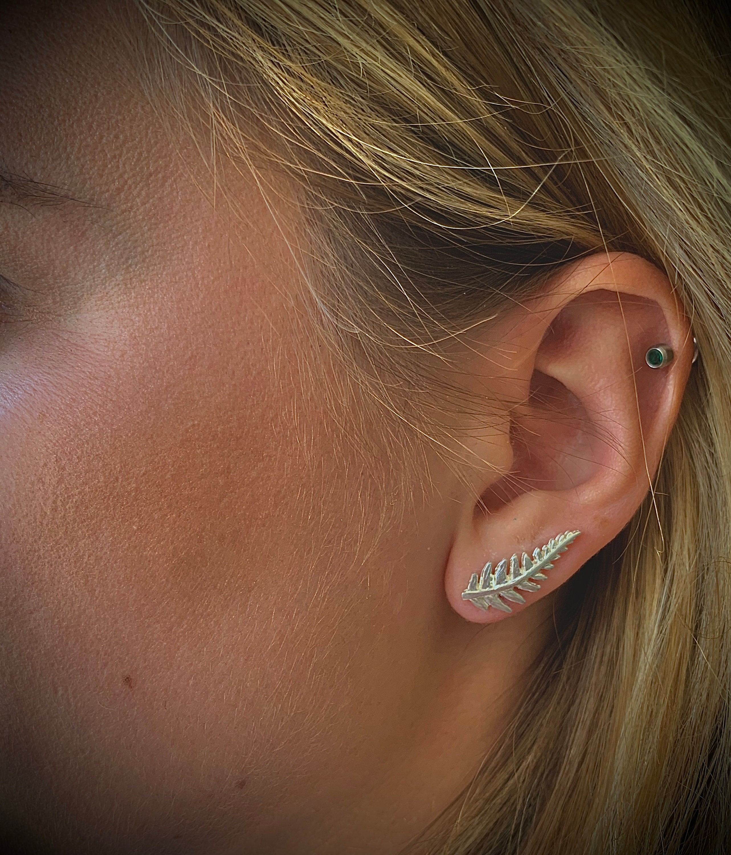 Fern Leaf Crawler Stud Earrings Sterling Silver Leaf Etsy