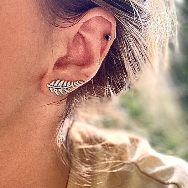 Leaf Ear Climbers in Sterling Silver - Stylish Unique Ear Pins -  925 Silver Fern Leaf Earrings - Fine Silver Earrings