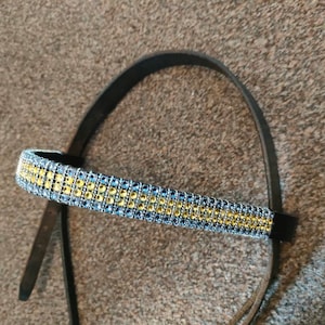 Yellow & Grey Colour Bling Browband. Yellow Gold Diamante Bling. Pony, Cob, Full. Brown Leather. Birthday Gift Idea