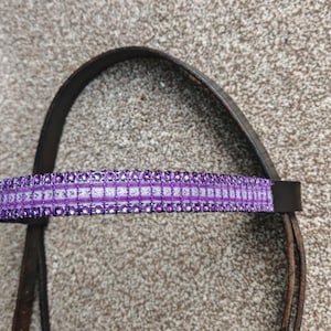May include: A close-up of a horse bridle with a purple and white jeweled browband. The bridle features dark brown leather straps and a curved, dark brown headstall. The browband is adorned with rows of purple rhinestones.