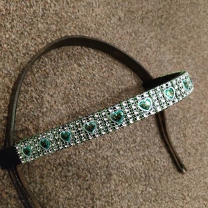 Green Hearts Browband. Sparkle Glitter Hearts. Diamante Bling. Pony, Cob, Full. Birthday Gift Idea