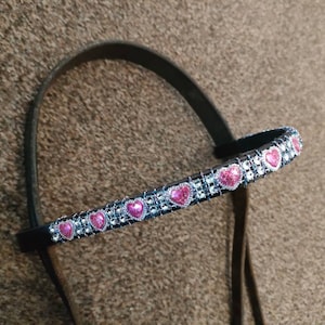 Pretty Pink Hearts Browband. Blingy Diamante. Pony Cob & Full Size. Black Leather