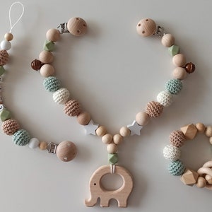 stroller chain, stroller chains, set, grasping toy, side ring, pacifier chain, customizable, mint, elephant, brown, white