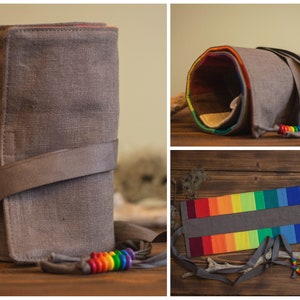 Roll case for wax blocks, wax sticks, brown linen, Waldorf, colored compartments