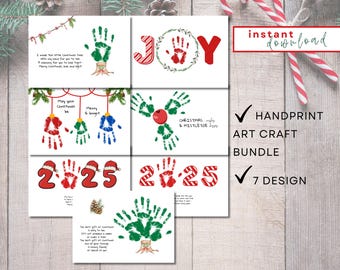 May include: A collection of seven Christmas-themed handprint art craft designs. The designs include handprint trees, ornaments, and the word "JOY". The designs are in red, green, and blue. The words "HANDPRINT ART CRAFT BUNDLE" are also visible.
