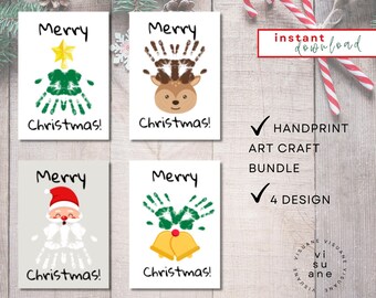 May include: Four Christmas-themed handprint art craft designs. Each card features the word "Merry" above a festive image: a Christmas tree, a reindeer, Santa Claus, and bells. The words "Christmas!" are below each image. The words "Handprint Art Craft Bundle" and "4 Design" are also visible.