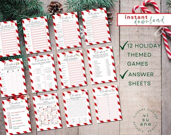 May include: A collection of 12 Christmas-themed game cards with red and white striped borders. The cards include various games like trivia, word searches, and bingo. The words "instant download" and "12 holiday themed games" are visible.