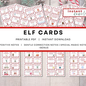 Puede incluir: Un conjunto de tarjetas de Elfo imprimibles con notas positivas, de corrección suave y de magia especial. Las tarjetas tienen un borde a rayas rojo y blanco y presentan varias ilustraciones y texto. Las palabras "ELF CARDS" y "descarga instantánea" son visibles.