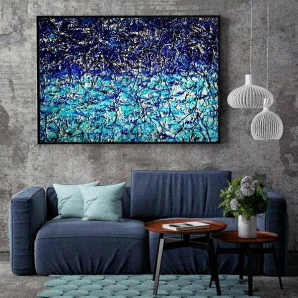 Abstract azure blue metallic, signed painting on canvas, phone wallpaper, printable wall art, digital art print, fine art, original images