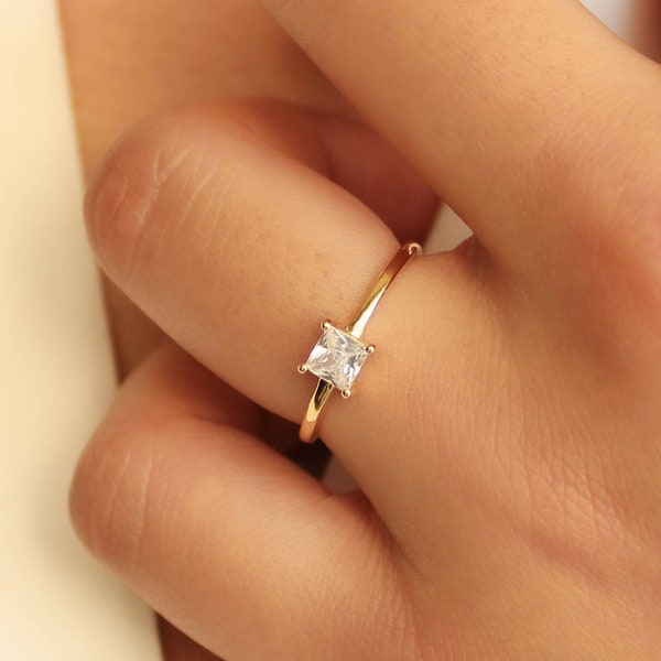 Princess Cut Simple Ring, Dainty Square Diamond Ring, Delicate Solo Diamond Ring, Solitaire Matching Ring, Gift For Women