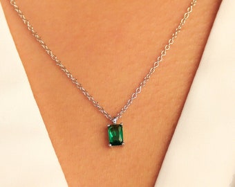 Emerald Necklace Silver, CZ Emerald Necklace, Dainty Rectangle Emerald Necklace, Green Gemstone Pendant, May Birthstone Necklace