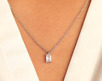 Baguette Necklace, Solitaire Diamond Necklace, Emerald Cut Pendant, Silver Minimalist Bridesmaids Necklace, Gift For Women