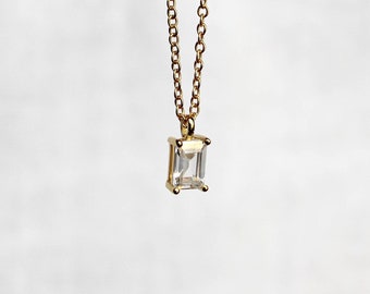 Baguette Necklace, Emerald Cut Pendant, Solitaire Diamond Necklace, 18K Gold Plated Necklace, Minimalist Necklace, Gift For Women