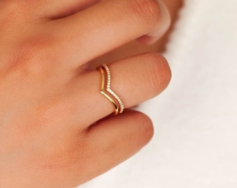 Curve Ring Set, Pave Diamond Chevron Rings, V Shaped Ring Women, Gold Wishbone Ring, Delicate Stacking Ring, Gift For Her