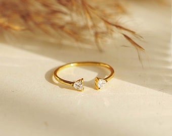Trillion Cut Open Ring, Dainty Diamond Solid Silver Ring, 18K Gold Plated Band, Matching Band Bezel Set, Gift For Women