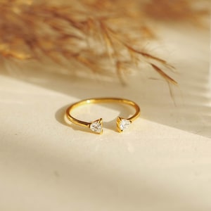 Trillion Cut Open Ring, Dainty Diamond Solid Silver Ring, 18K Gold Plated Band, Matching Band Bezel Set, Gift For Women