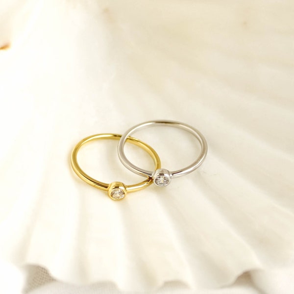 Stacking Diamond Ring, Dainty CZ Diamond Ring, 18K Gold Engagement Ring, Minimal Diamond Solitaire Ring, Gift For Women