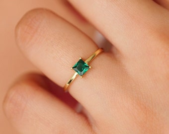 Princess Cut Emerald Ring, Eenvoudige Sierlijke Vierkante Ring, Solid Silver Promise Ring, Green Emerald Solitaire Ring, Delicate Ring, Cadeau voor haar