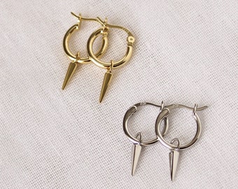Yelena Earrings, 18k Gold Spike Earrings, Dainty Spike Earrings, Small Spike Drop Hoop Earrings, Tiny Gold Spike Hoops, Gift For Women