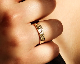 18k gouden bandring, Sterling zilveren ring, dunne gehamerde band, verstelbare band, gehamerde bandring, hamerafwerking gouden ring